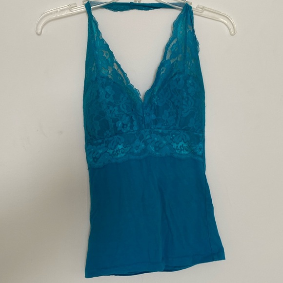 Teal Halter Top + Floral Lace Neckline - Picture 1 of 2